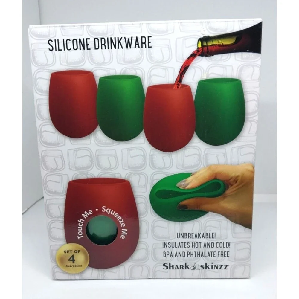 Shark Skinzz Silicone Wine Glasses 4-Pack 12oz New Green & Red